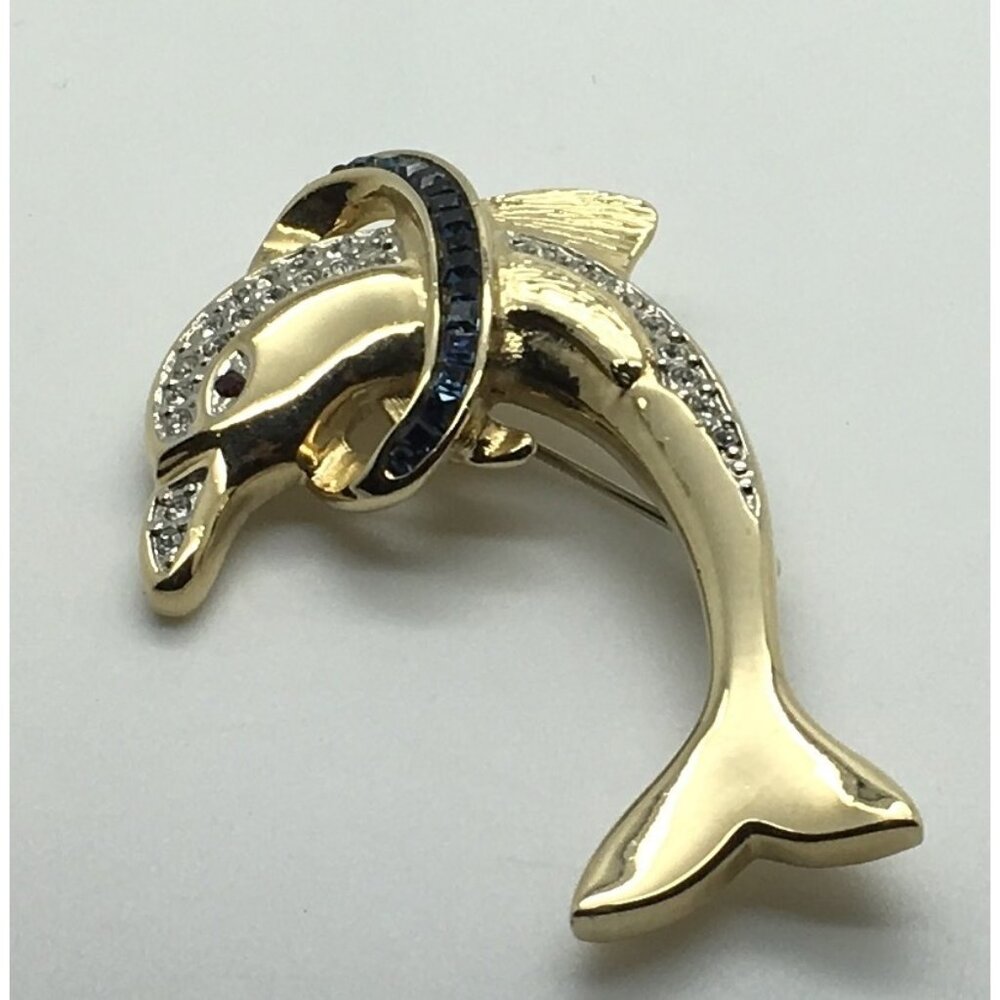 Butler Dolphin Brooch  Clear Crystal Rhinestones  Red Blue Gold Tone Jumping